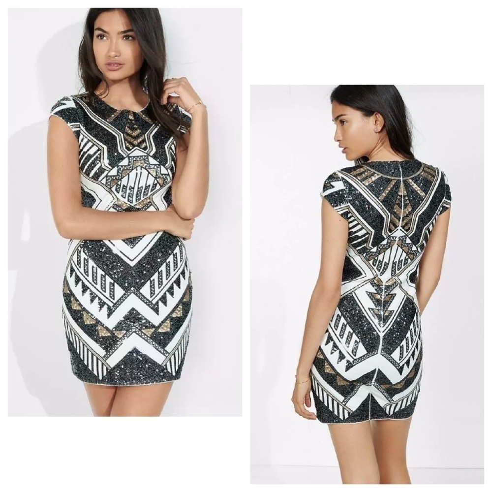 Express Geometric Black and Gold Dress